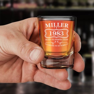 Personalized Aged to Perfection Custom Engraved Birthday Square Heavy Base Prism Shot Glass 2 oz. with Box Custom Gift. Drinking Glass.