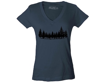 Forest Trees Nature Mountains Wildlife Women's V-Neck T-Shirt Slim Fit