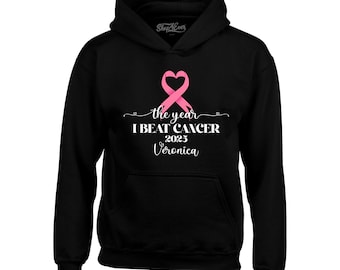 Personalized The Year I Beat Cancer Custom Name Date Hoodie Sweatshirts Customized Breast Cancer Awareness Survivor Warrior Comfort Gift