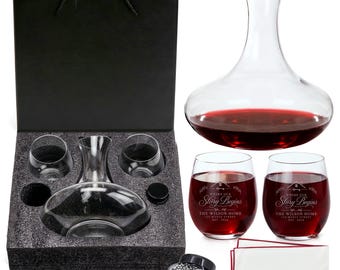 Custom Where Our Story Begins Set of 2 Stemless Wine Glasses with Carafe, Cleaning Beads, and Corkscrew with Black Box Housewarming Gift