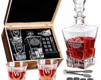Custom Engraved Monogram Year, Chunky Heavy Whiskey Liquor/Bourbon Decanter with Glasses, Stones, Coasters, Tongs & Wood Box Men's Gift Set