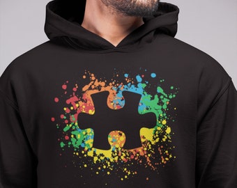 Autism Awareness Splatter Paint Puzzle Piece Hoodie Sweatshirts Autism Awareness Month. Autisme bewustzijn shirt. Autisme cadeau. Autisme moeder.