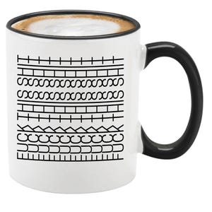 May include: White ceramic coffee mug with a black handle and rim, filled with coffee. The mug features a black and white tire tread pattern design around the body.