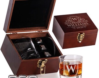 Custom Monogram Keepsake Initial Name Year Whiskey Gift Set with Glass Leather Coaster, Stainless Steel Whiskey Stones Wood Box Gift for Him