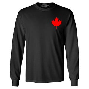 May include: Black long-sleeve t-shirt with a red Canadian maple leaf on the left chest.