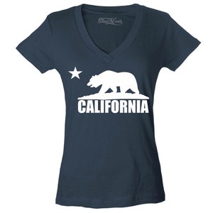 California Bear White Women&#39;s V-Neck T-Shirt Flag Shirts Slim FIT