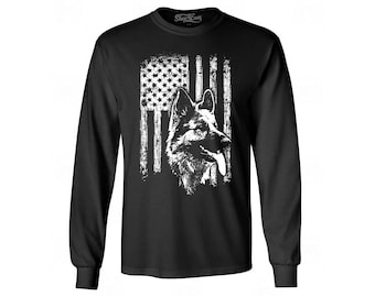 German Shepherd Canine  American Flag Long Sleeve Shirt German Shepherd Shirt. Dog Lover Gift. Mothers Day Gift. Fathers Day Gift.