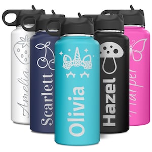 Personalized Girls Name Icon  Water Bottle with Flip Top Lid Straw 18oz & 32oz Insulated Stainless Steel Custom Tumbler for Kids Teens Women