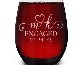 Custom His and Her Initials Heart Engaged Date Personalized Keepsake Engraved Stemless Wine Glass 15 oz. Customized Bride Groom Wedding Gift