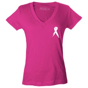 Breast Cancer Awareness Ribbon Pocket Women&#39;s V-Neck T-Shirt Slim FIT Cancer Tee. Cancer Fighter. Breast Cancer Gift. Cancer Warrior.