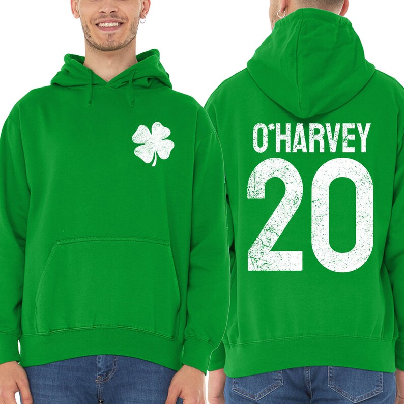 Custom Irish hoodie sweatshirt featuring your name and jersey number with a Shamrock design. Perfect for St. Patrick's Day, Irish drinking celebrations, and personalized gift ideas.