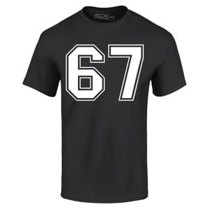 May include: Black t-shirt with the number "67" in white, outlined in black. The number is large and centered on the shirt. The brand name "Shop4ever" is printed at the top.