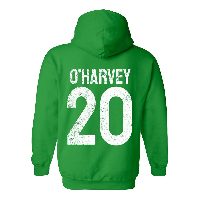 Custom Irish hoodie sweatshirt featuring your name and jersey number with a Shamrock design. Perfect for St. Patrick's Day, Irish drinking celebrations, and personalized gift ideas.