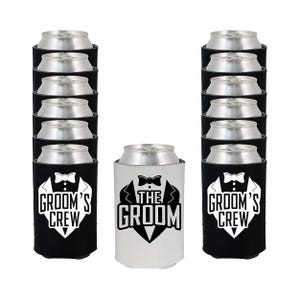 The Groom and Groom&#39;s Crew Tuxedo Wedding Can Sleeve Cooler Insulated Drink Soda Beer Hugger Coolies Cozies for Groomsmen Bachelor Party