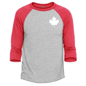 May include: A gray and red baseball tee shirt with a white maple leaf on the left chest.