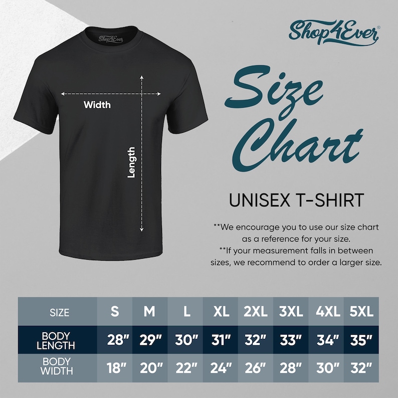 May include: A black unisex t-shirt with a size chart. The chart displays body length and width measurements in inches for sizes S through 5XL. The text "Size Chart" and "UNISEX T-SHIRT" are also visible.