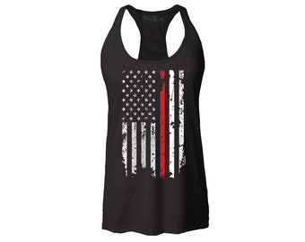 Firefighter American Flag Red Line Stripe USA Women's Racerback Tank Top 4th of July Tank Tops