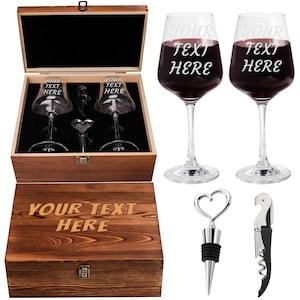 May include: A wooden gift set for wine lovers, featuring two wine glasses with "YOUR TEXT HERE" etched on them, a heart-shaped bottle stopper, and a corkscrew. The set includes a wooden box with the same text.