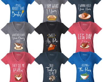 Custom Thanksgiving Funny Women&#39;s V-Neck T-Shirt Slim Fit Turkey Party Matching Family Thankful Shirt, Thanksgiving Shirt, Friendsgiving.