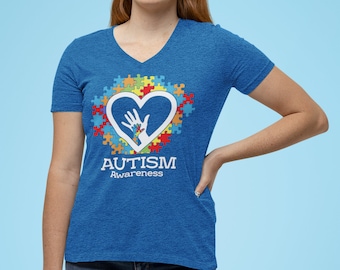 Autism Awareness Hands in Heart Women's V-Neck T-Shirt Slim Fit Autism Awareness Month. Autism Awareness Shirt. Autism Gift. Autism Mom.