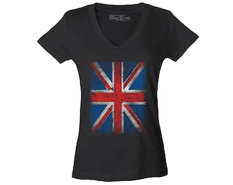 Vintage Union Jack British Flag Women's V-Neck T-Shirt United Kingdom Flag Shirts Slim FIT