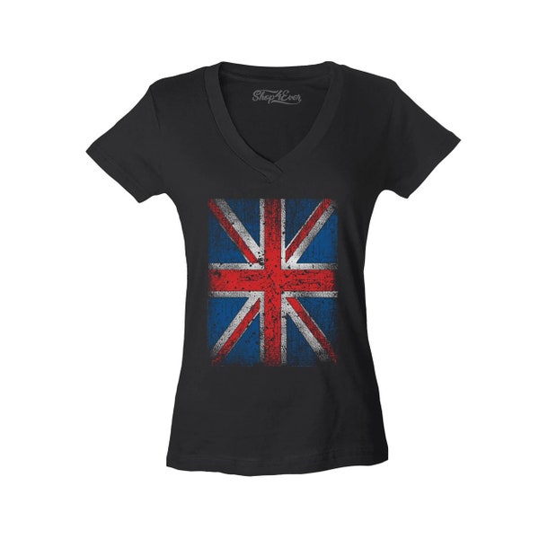Vintage Union Jack British Flag Women's V-Neck T-Shirt United Kingdom Flag Shirts Slim FIT