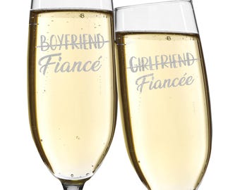 Boyfriend to Fiance Girlfriend to Fiancee Couples Gift Set of 2 Engraved Champagne Flute Valentines Day Gift. Engagement Gift. Couple Gift.