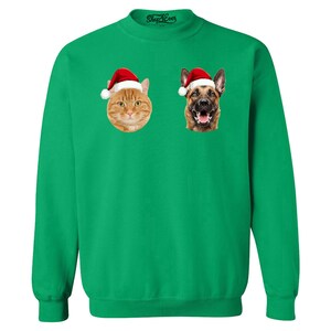 May include: A green Christmas sweater with a cat and dog wearing Santa hats. The cat is orange and white and the dog is brown and white.