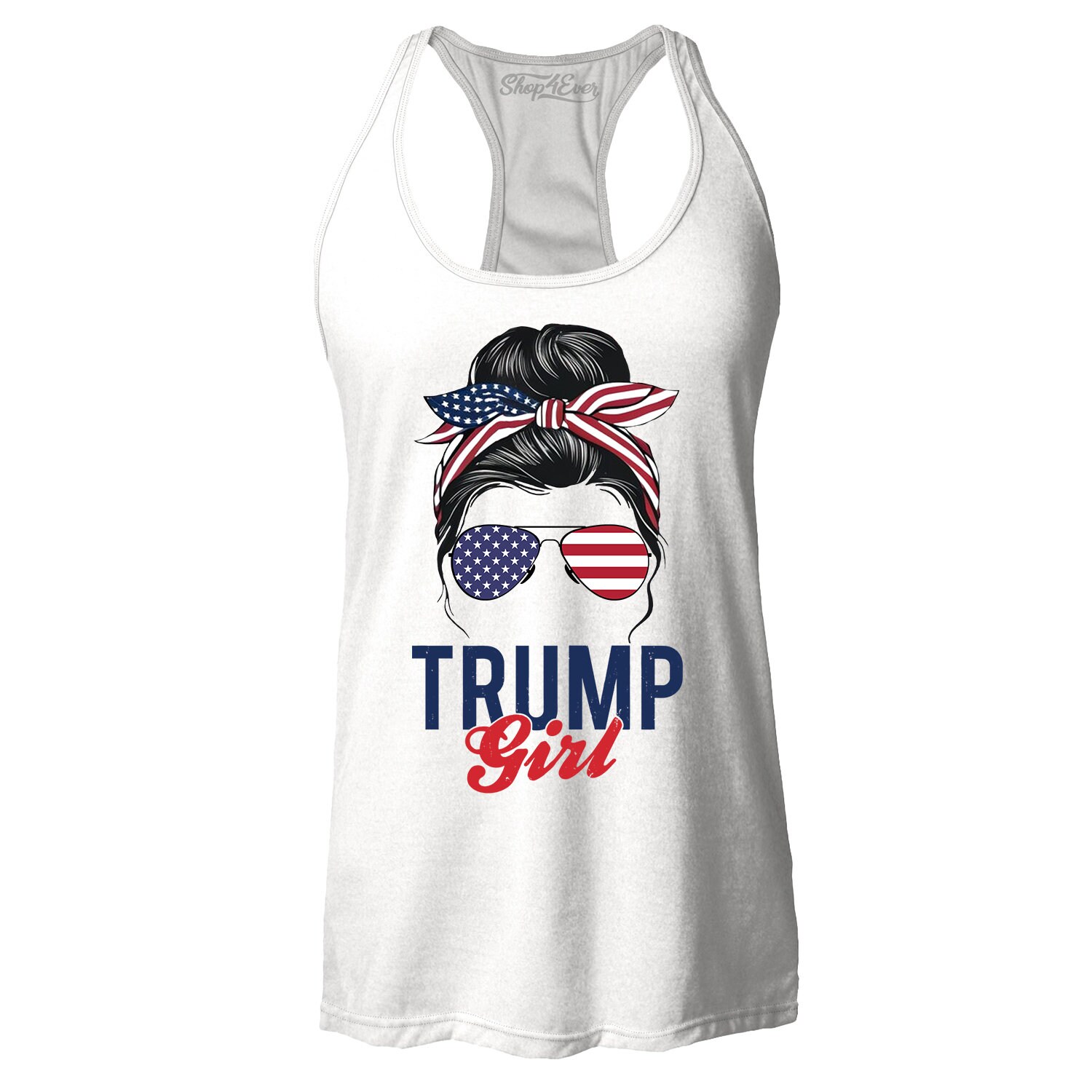 Ich bin ein Trump Girl American Flagge Sonnenbrillen Frauen Racerback Tank Top. Amerikanische Flagge, Donald Trump 2024 Präsidentschaftswahl, Trump Shirt.