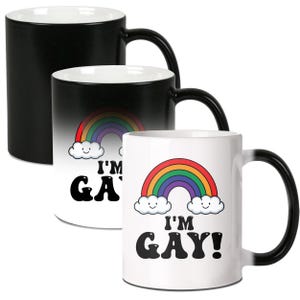 May include: Three color-changing mugs with a rainbow and the text "I'm Gay!" printed on them. The mugs are black when cold and reveal the design when hot.