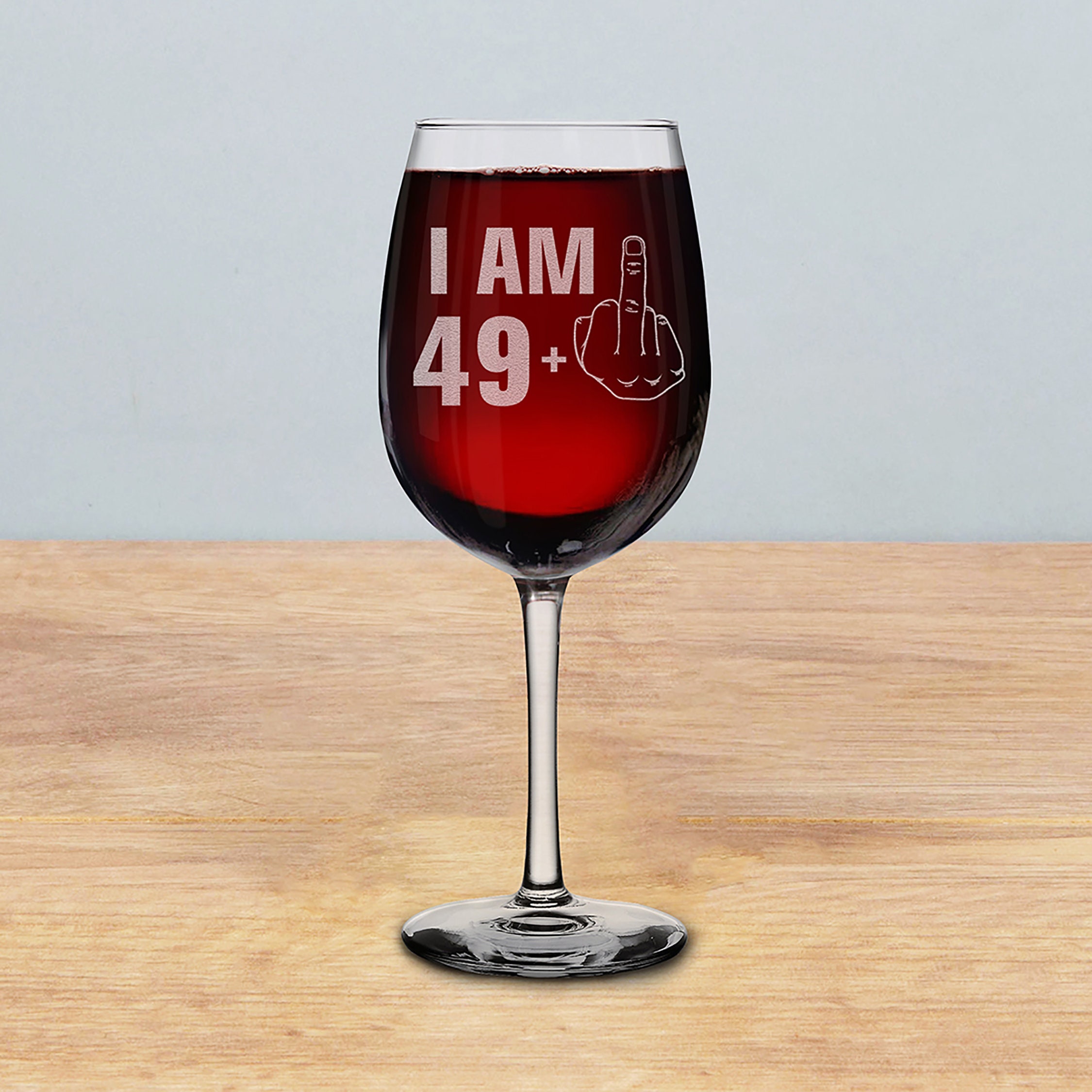 49+1 50th Birthday Stemless Wine Glass - Funny Finger Graphic Gift For Friends