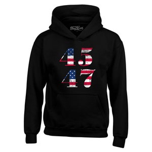 May include: Black hooded sweatshirt with a distressed American flag design featuring the numbers 45 and 47.