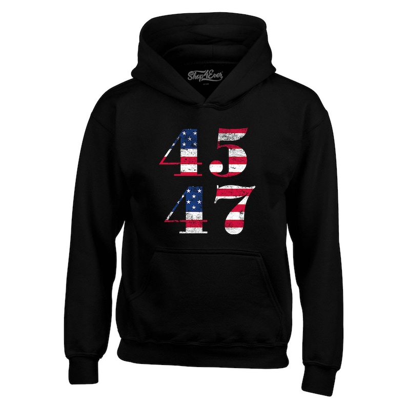 May include: Black hooded sweatshirt with a distressed American flag design featuring the numbers 45 and 47.