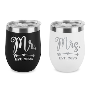 Set of 2 Mr. and Mrs. Established 2025 Engraved Insulated Stainless Steel Wine Tumbler with Lid 12 oz. Couples Gift. Gift For Wedding.