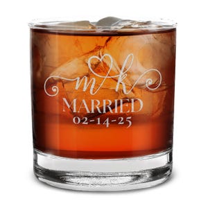 Custom His and Her Initials Heart Married Date Personalized Keepsake Whiskey Glass 11 oz. Customized Wedding Bride Groom Marriage Gift