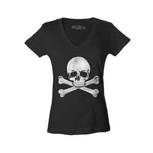 Distressed White Skull and Crossbones Women's V-Neck T-Shirt Slim Fit