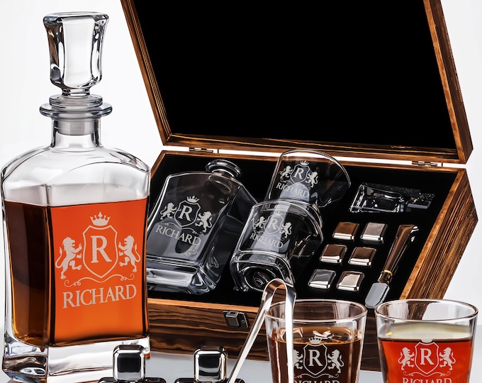 Custom Engraved Monogram Whiskey Decanter Gift Set 23 oz Liquor/Bourbon Glasses, Whiskey Stones, Tongs & Wood Box Premium Gift for Men, Dad