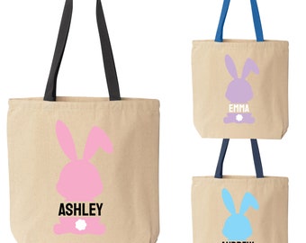 Personalized Tote Color Handle  Reusable Shopping Bag Easter Bunny Rabbit Cottontail Custom Kids Name  Boys Girls Easter Basket Bag Spring