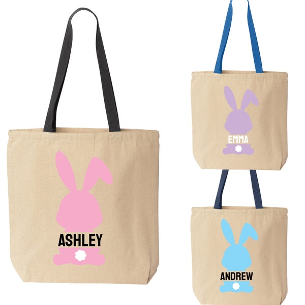 Personalized Tote Color Handle  Reusable Shopping Bag Easter Bunny Rabbit Cottontail Custom Kids Name  Boys Girls Easter Basket Bag Spring