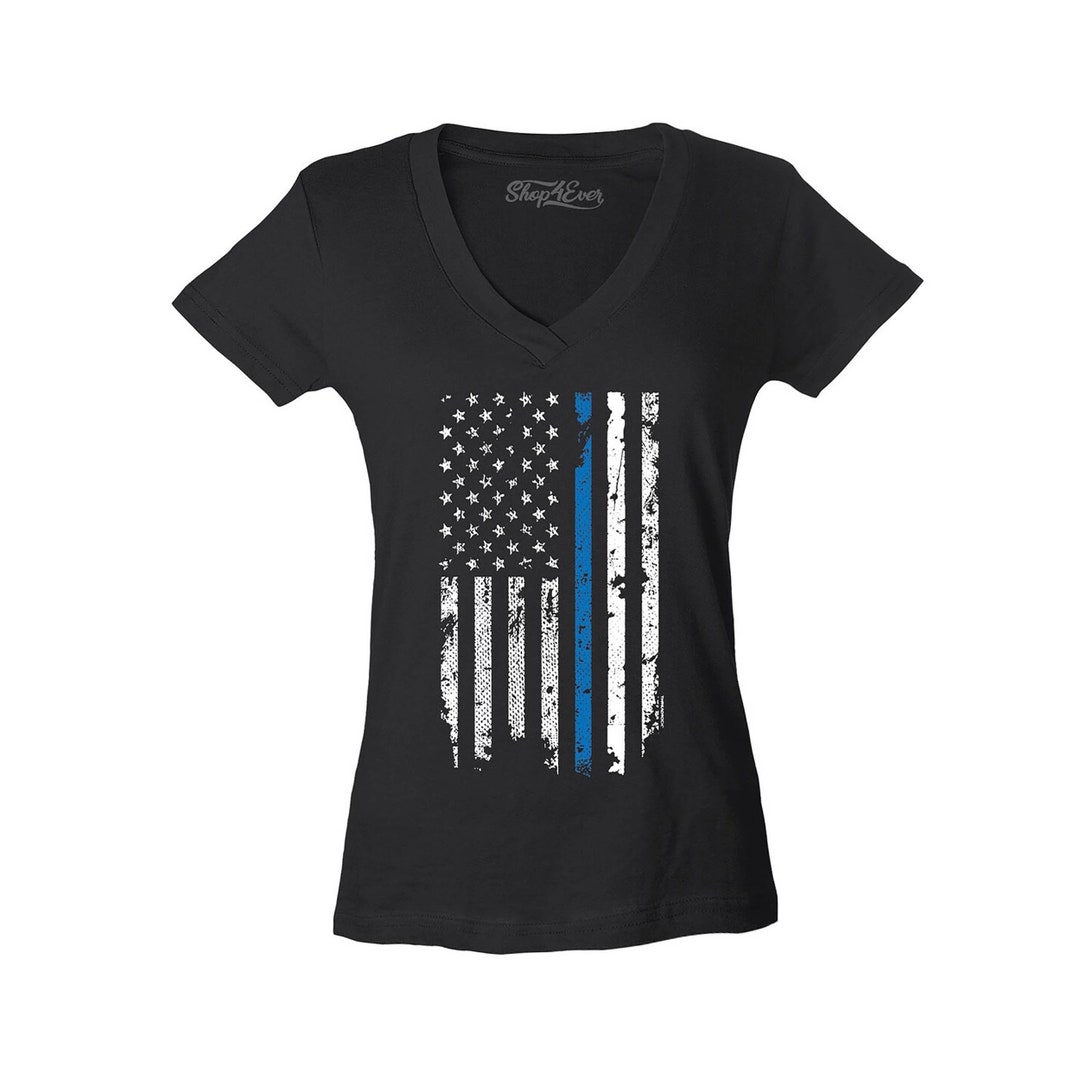 Police Officer American Flag Blue Line USA Women's V-neck T-shirt Law ...