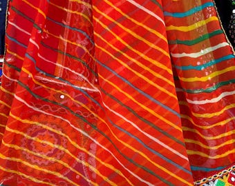 Orange Leheriya Dupatta, Kutch Embroidery, Mirror Work, Garba Outfit