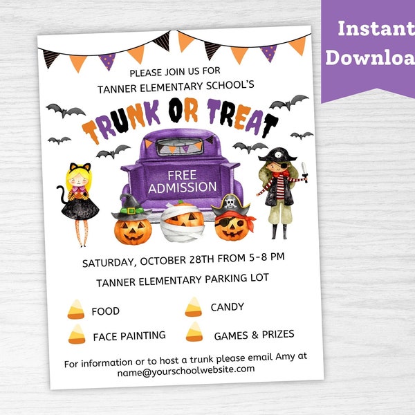 Editable Trunk or Treat Invite - Halloween Party Flyer - Invitation for School, Neighborhood, or Church