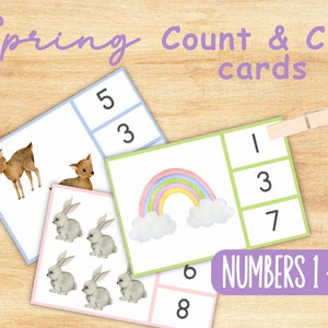 Spring Count and Clip Cards - Numbers 1 to 10 - Printable Preschool Kindergarten Interactive Counting Math Activity