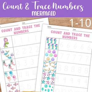 以下が含まれることがあります： 子供たちが1から10までの数を数え、なぞる練習をするための印刷可能なワークシートです。ワークシートは、海の生き物をテーマにしており、カラフルなイラストで、タツノオトシゴ、貝殻、人魚、クラゲ、ヒトデ、泡などが描かれています。