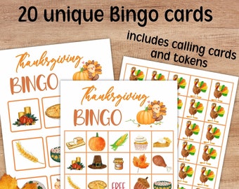 May include: Twenty unique Thanksgiving Bingo cards with a turkey, pumpkin, pie, corn, and other Thanksgiving themed images. The cards include a free space and a calling card with tokens.