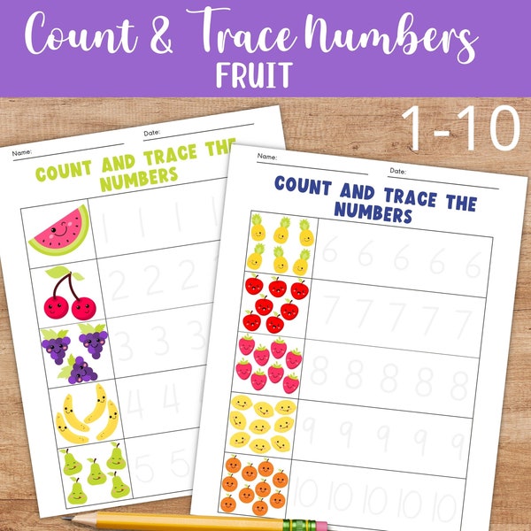 Number Tracing Worksheets Fruit - for Preschool pre-k Math - Counting & Recognition for 2, 3, and 4 years old