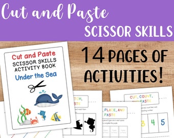 Preschool Cut and Paste Worksheets - Scissor Skills Activity Page Printable - Ocean Theme Educational Pre-K Kindergarten Homeschool Book