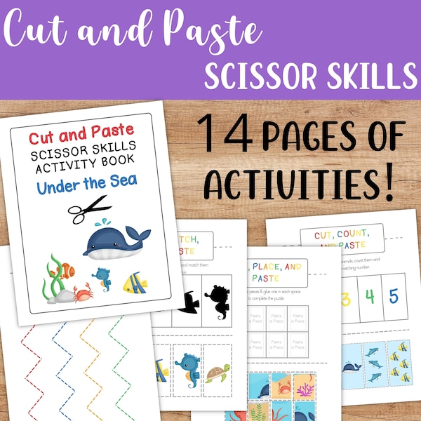 Preschool Cut and Paste Worksheets - Scissor Skills Activity Page Printable - Ocean Theme Educational Pre-K Kindergarten Homeschool Book