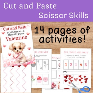May include: A printable Valentine's Day activity book for kids featuring a cute puppy holding a pink envelope. The book includes 14 pages of cut and paste activities, such as matching hearts to numbers and cutting out shapes.