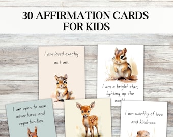 Puede incluir: Conjunto de 30 tarjetas de afirmación para niños con ilustraciones de animales en acuarela. Cada tarjeta tiene una afirmación positiva escrita en ella, como "Soy amado exactamente como soy." y "Soy un líder siendo fiel a mí mismo."
